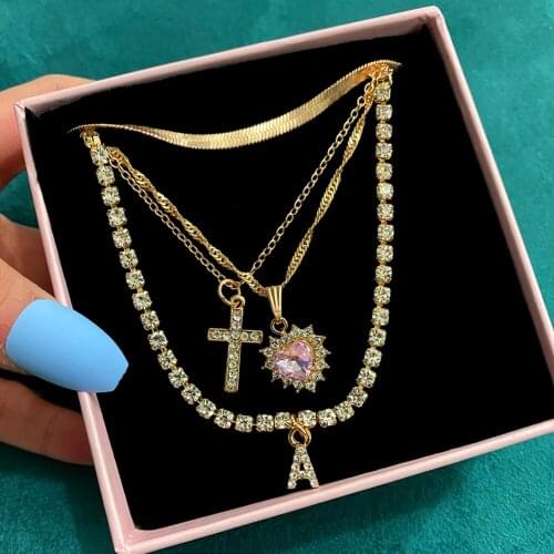 JUST FEEL Women Gold Color Metal Multilayer Choker Necklace Pink Crystal Heart Rhinestones Cross Letter Pendant Necklace Jewelry