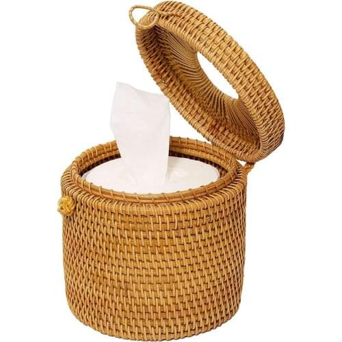 Rattan Tissue Box Round Napkin Toilet Roll Paper Holder Storage With Lid Toilet Paper Cover Dispenser For Barthroom Office Hotel