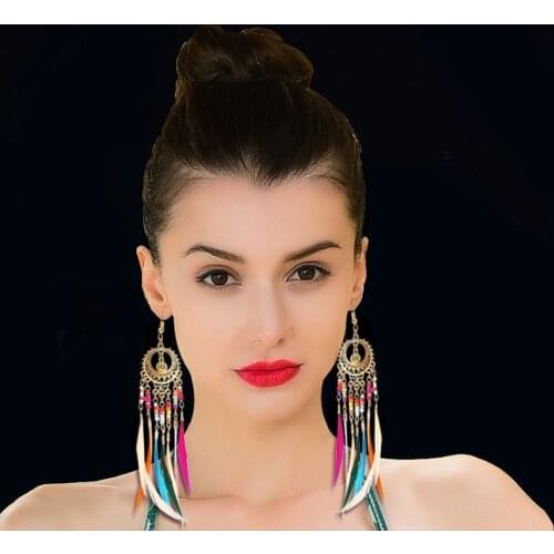 2020 new Bohemia Europe and America retro hollow long feather earrings seven color rice beads Tassel Earrings wholesale