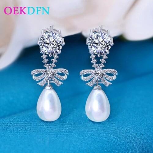 OEKDFN Real 925 Sterling Silver Earrings Created Moissanite Natural Freshwater Pearl Gemstone Drop Dangle Earrings Fine Jewelry