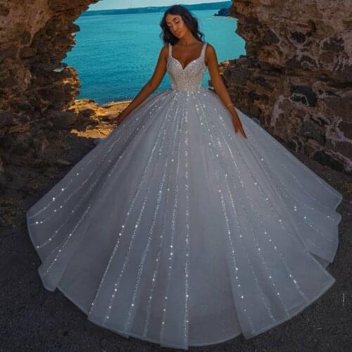 Sparkling Wedding Dresses Beaded Sequins Crystals Bridal Plus Size Wedding Gowns In Dubai With Straps Organza Zipper Back