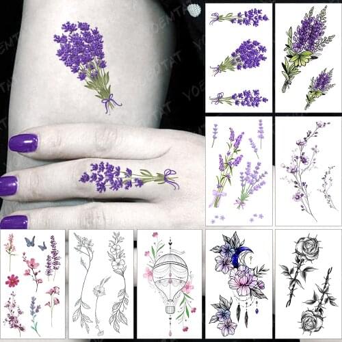Waterproof Temporary Tattoo Sticker Watercolor Romantic Lavender Flowers Flash Tatoo Arm Wrist Fake Tatto For Body Art Women Men