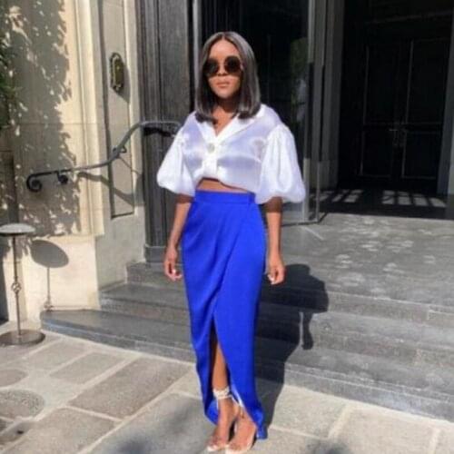 Fashion Royal Blue Satin Skirts Floor Length Women Split Vestidos Zipper Waistline Slit Nigeria Long Dress Custom Made Any Color
