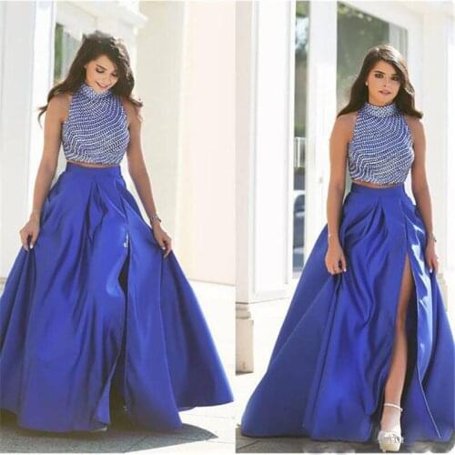 High Quality Elegant Royal Blue Long Skirts Womens Sexy Split Zipper Empire Waist Floor Length Pleated Maxi Skirt Saias Feminina