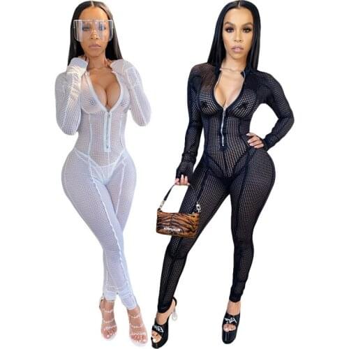 Sexy Club Jumpsuits for Women 2020 Fall Deep V Neck Long Sleeve Sheer Mesh Zipper Black Bodycon Rompers Sexy Jumpsuit Clubwear