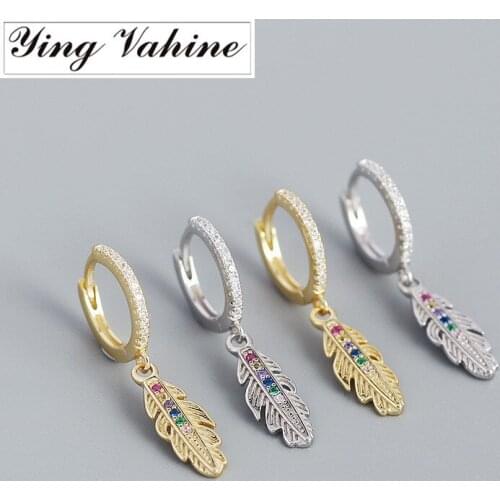 Ying Vahine New Arrival 100% 925 Sterling Silver Multicolor Zircon Feather Pendant Drop Earrings for Women