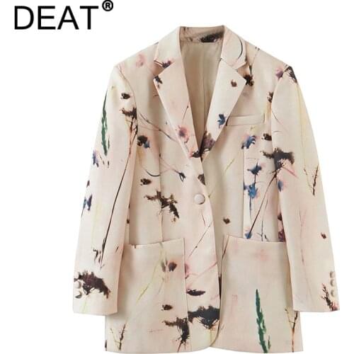 [DEAT] Women Blazer New Lapel Long Sleeve Single Button Printing Temperament Loose Fit Jacket Fashion Tide Autumn 2021 13Z589