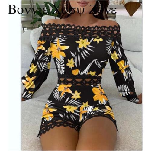 Long Sleeve Floral Print Straight Across Patchwork Hem Romper Chic Summer Playsuit One Piece For Women 2021
