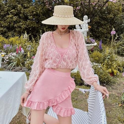 Swimsuit Separate Push Up Sexy Bathing Suit Women May Plus Size Female Beach Girl Three Piece Set Split Skirt Pink Lovely Slim