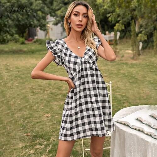 Women Summer Sexy V Neck Dresses Tunic Beach Party Sun Mini Dress 2021 Black Red Blue Plaid Ruffles Short Sleeve Sundress Female