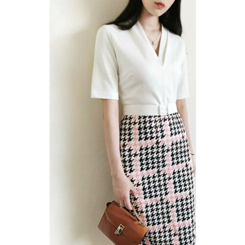 Dogteeth V Neck Belted Shift Bodycon Dress Elegant Fashion UK Collection Size 0-5