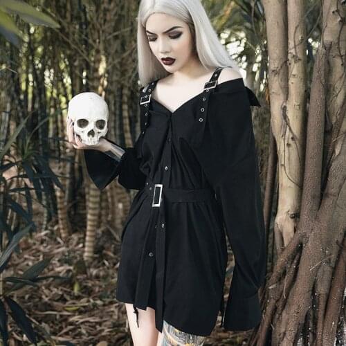 Off Shoulder Sexy 2021 Mini T-shirt Dress Casual Long Sleeve Dress With Belt Female Gothic Streetwear Loose Black Retro Dress