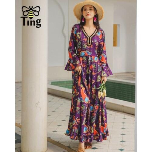 Tingfly Summer Vintage Floral Print Flare Sleeve Maxi Long Dress Embroidery V Neck Retro Women Boho Vestidos Zanzea Robes