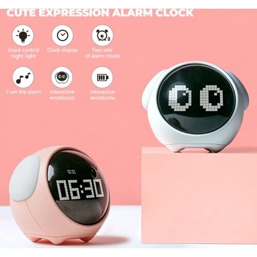 2 in 1 Cute Expression Alarm Clock Kids Multifunctional Bedside Voice Control Night Light Snooze Chargeable Child Alarm Clock