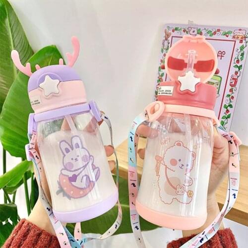 500ml Baby Feeding Bottle Straw Cup With Strap BPA Free Children Feeding Drinking Handle Kids Water Training Cup