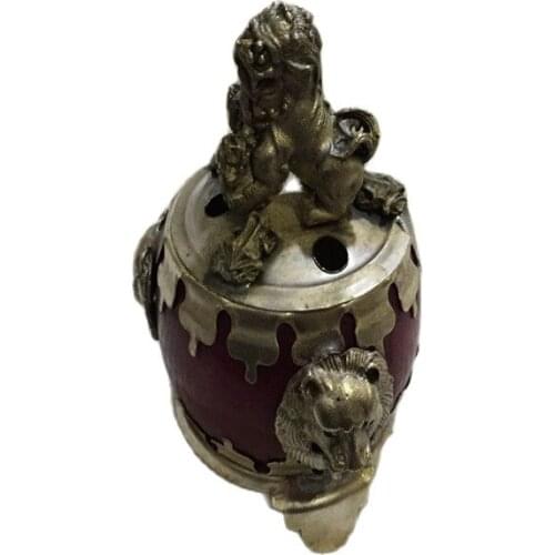 Antique white copper Miao silver inlaid agate jade censer Silver Lion censer ornament