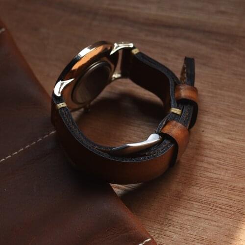 Handmade Antique Vegetable Tanned Leather Watch Strap Hidden Buckle Design Hand stitching Thick Sturdy Leather Watchband 22mm