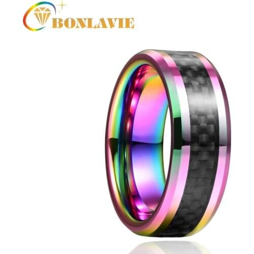 BONLAVIE 8mm Colorful Inlaid Black Carbon Fiber Tungsten Carbide Ring Wedding Band for Men Comfort Fit Rings Engagement Jewelry