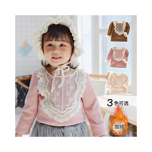 2020 Childrens Clothing Autumn Winter Baby Girl Lace Bottoming T Shirt Girls Plus Velvet Warm Top Toddler Cute Tees Wholesale