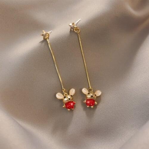 Korean style red long earrings mouse shape pendant exquisite metal Fashion Stud Earrings elegant High Quality Womens Earrings