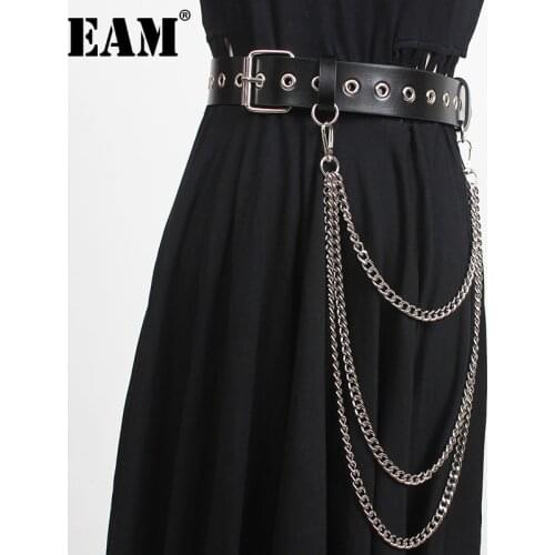 [EAM] Black Metal Chain Spliced Pu Leather Long Belt Personality Women New Fashion Tide All-match Spring Autumn 2021 1DD4848