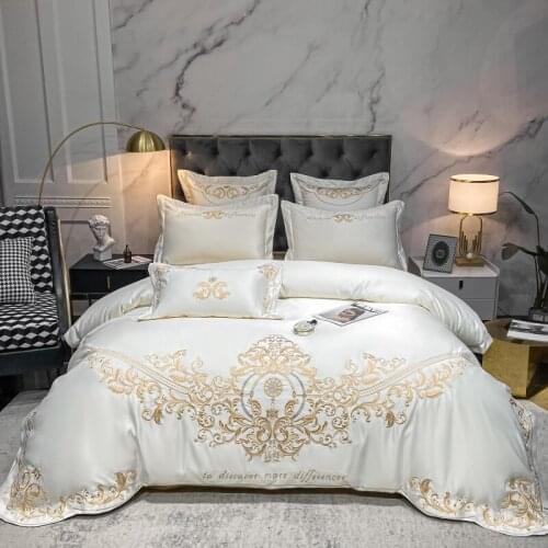 New Luxury White European Gold Royal Embroidery Soft Satin Silk Cotton Bedding Set Duvet Cover Flat/Fitted Sheet Pillowcases