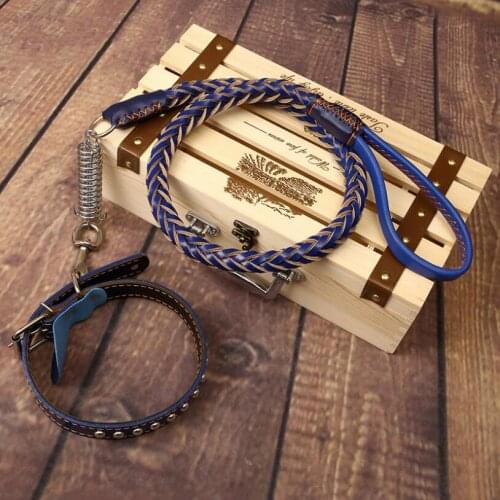 Large Dog High-grade Leather Hand-knit Leash + Collar Elastic Contraction Round Collar 1.2M leash Comfortable Handle Pet Supplie