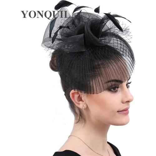 Bride Fashion Black Tulle Hats Feathers Handmade Flowers Headwear Noble Bridal Wedding Hats Women Party Dinner Fanscinators