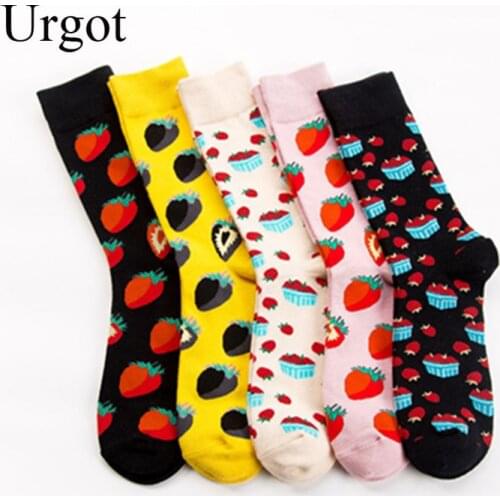 Urgot 5 Pairs Mens Socks Plus Size EUR41-46 Autumn Winter New Socks Cotton Strawberry Pattern Socks Personality Tube Tide Socks