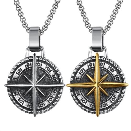 WAWFROK Stainless Steel Mens Compass Necklace Star/Letter Necklace Silver Color Necklaces 60cm Long Chain Necklace Men Jewelry