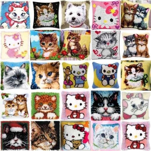DIY Needlework Kit Acrylic Yarn Embroidery Pillow latch hook Canvas Cushion Front Cross Stitch Pillowcase cats 231 style 7