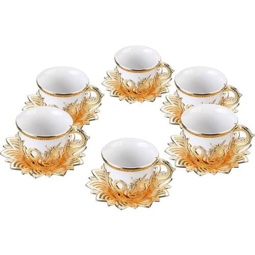 Set of 6 Coffee Cups Saucers Ottoman Arabic Greek Moroccan Gold White Porcelain Espresso Authentic Luxury Wedding Gift Set