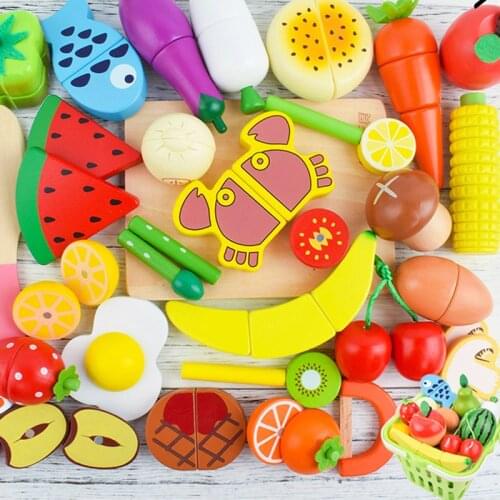 Pretend Play Wooden Kitchen Toys For Girls Simulation Magnetic Cutting Fruits Vegetables Cake Toys Miniature Food For Dolls