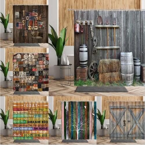 Rustic Old Wooden Barn Door Western Bath Shower Curtain Sets Wood Stripes Bathroom Waterproof Fabric Curtains For Bathtub Decors
