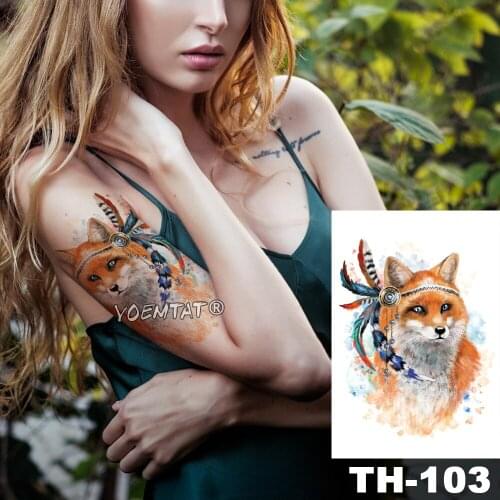 Waterproof Temporary Tattoo Sticker Orange colorful feather fox pattern Water Transfer Watercolor body art fake tat