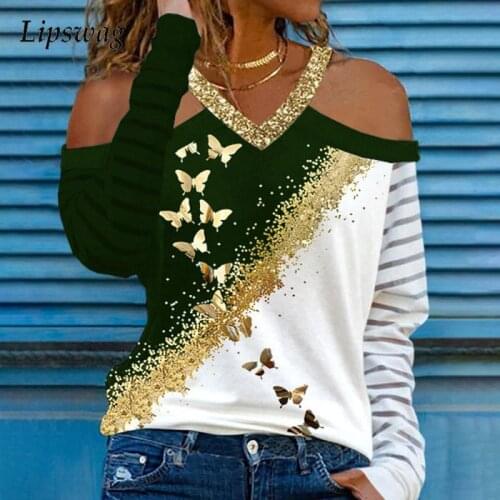 Sexy Off Shoulder V-Neck Blouse Lady Casual Long Sleeve Spring Autumn Shirt Women Loose Butterfly Print Top Pullover Streetwear