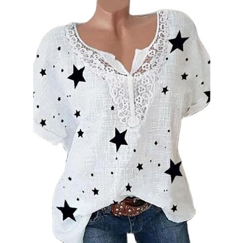 2021 Fashion New Womens Summer Hot Sale Lace Stitching Five-Pointed Star PSrinting V-Neck Short-Sleeved Shirt