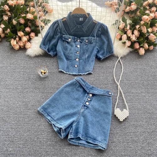 2021 Summer Shorts Sleeve Blouse and Shorts Denim Women Sets