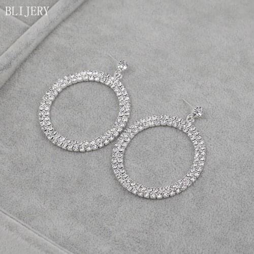 BLIJERY Simple Designed Silver Color Rhinestone Crystal Drop Earrings for Women Circle Dangle Earrings Bridal Wedding Jewelry