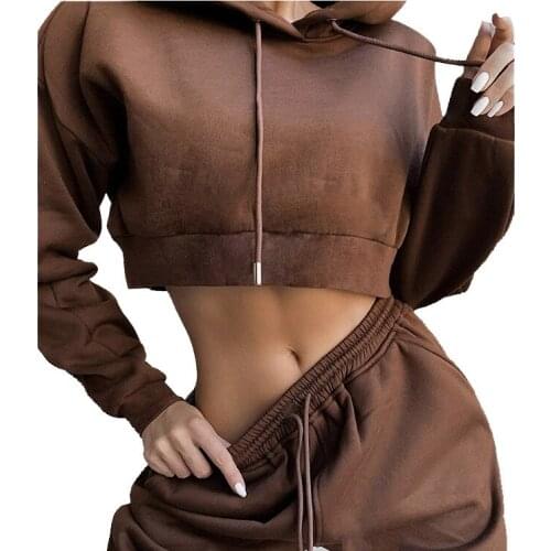 Women Outdoor Running Keep Warm 2 Pcs Suits Solid Color Sexy Sports Wear Yoga Fitness Workout Tracksuits Warm Hooded Tops Suits