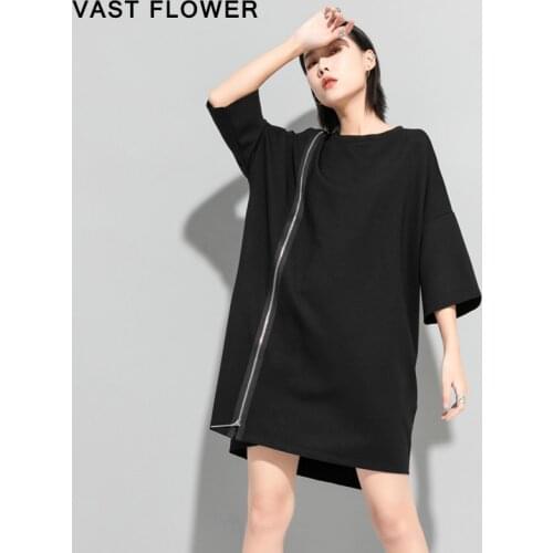Women Black Zipper Plus Size Dress New Half Sleeve Loose Casual All Match Elegant Dresses Fashion Clothes Spring Summer 2021