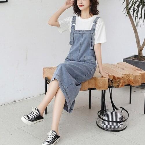 Summer Denim Strap Dress Women Fashion Long Slim High Waist Preppy Style Spaghetti Strap Dress Short Sleeve + Tshirt 2 Piece Set