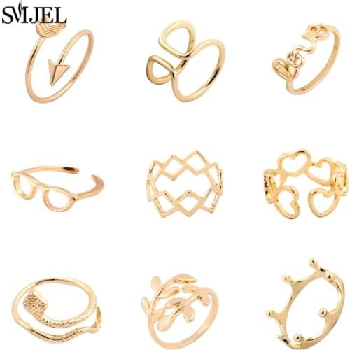 SMJEL Bohemian Leaf Rings for Women Trendy Wedding Jewelry Snake Crown Heart Glasses Finger Ring Adjustable Anel Mujer Wholesal