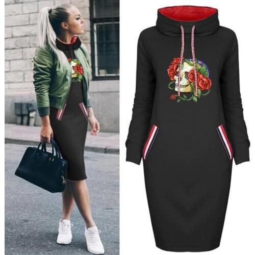 Autumn Sexy Bodycon Dresses for Women 2021 Rose Skull Printing Midi Dress Long Sleeve Vintage Robe Femme Casual Pockets Vestidos