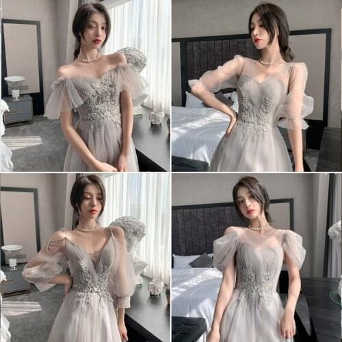 Beauty-Emily 2021 Fashion Grey Bridesmaid Dresses A-Line Long Lace Up Short Sleeve Wedding Party Vestido De Fiesta De Boda