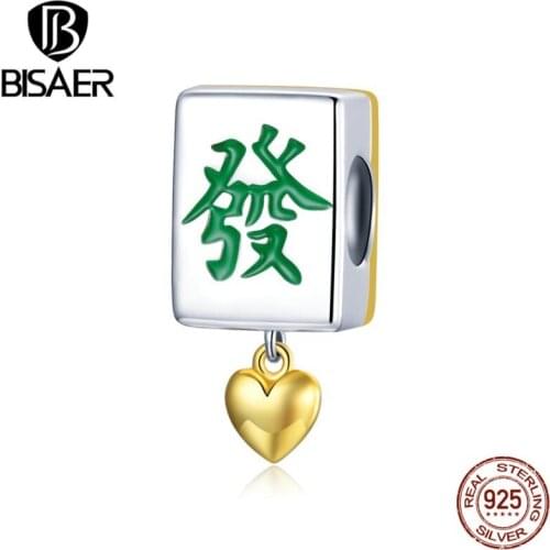 BISAER Chinese Mahjong Tiles Beads 925 Sterling Silver Rich Symbols Charms Pendant Fit DIY Original Bracelet Jewelry ECC1751