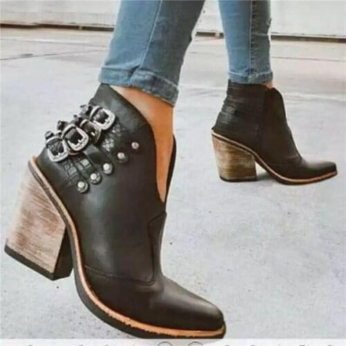 New High Heel Boots Women PU Buckles Pointed V Port Zipper Ankle Boots Female With Interlaced Belt Rough-heel Short Boots