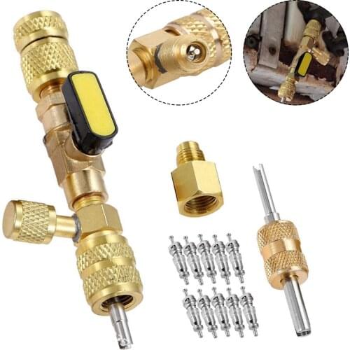 Valve Core Remover Installer HVAC Valve Core Removal Tool with Dual 1/4 and 5/16 Service Ports Fit for R404A R407C R134A R12 R32