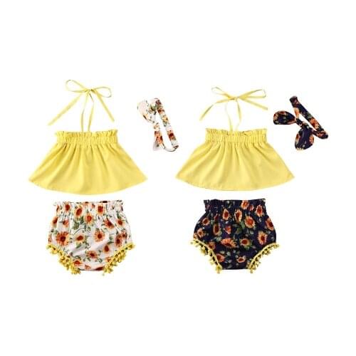 0-24M Summer Cute Infant Baby Girls Clothes Sets Floral Tassel Sleeveless T Shirts Tops+Shorts+Headband