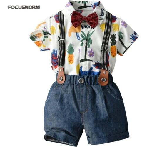 Infant Kids Boys Gentleman Clothes Set 3PCS Bow Tie Print Short Sleeve Single Breasted Romper/Shorts Bib Overalls Shorts